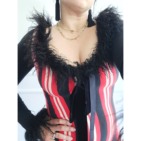 RARE Vintage Jean Paul Gaultier Red Stripe Mangolian Fur Bow Midi Dress - Picture 12 of 13